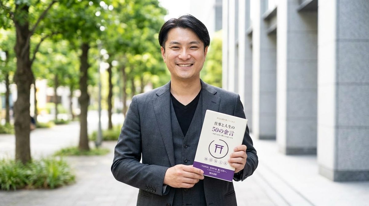 『仕事と人生の50の金言』を手にする種田成昭