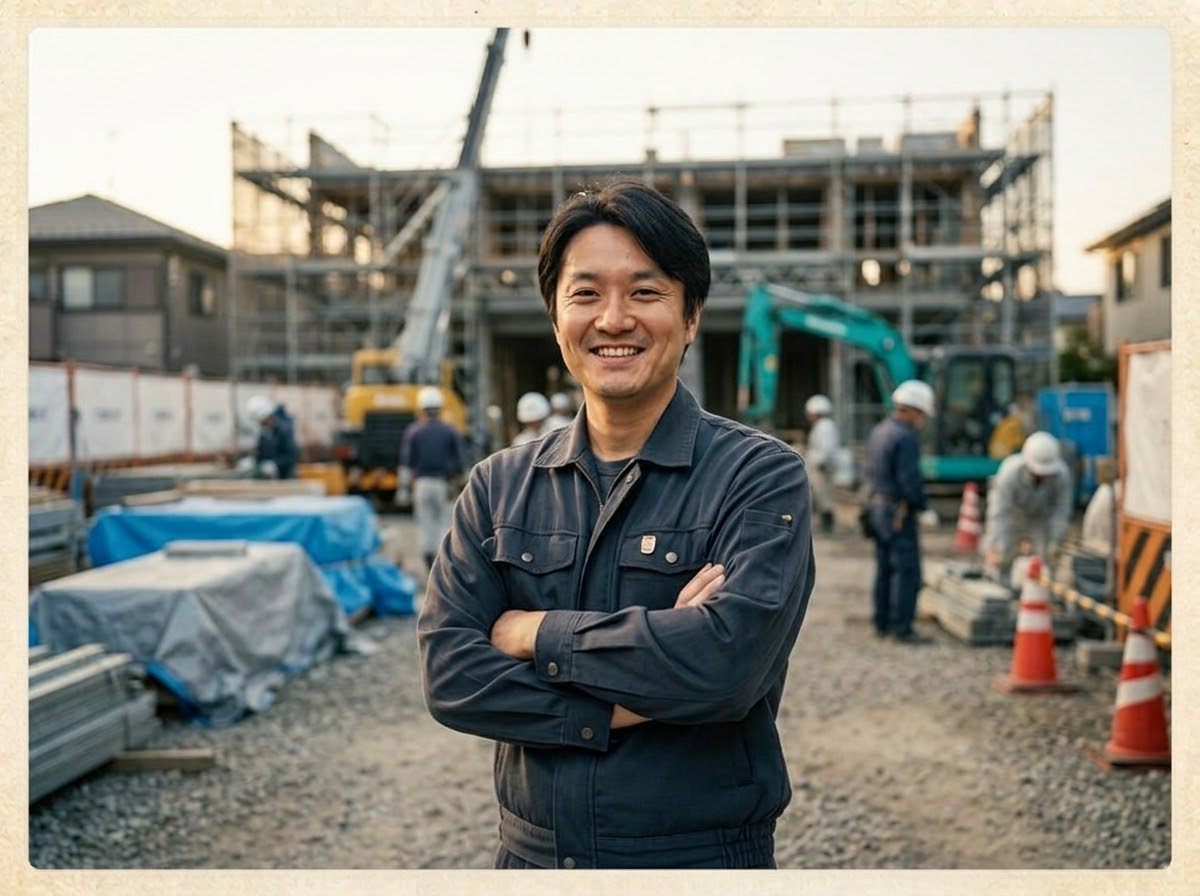建設会社の現場で、作業着で腕を組む種田成昭
