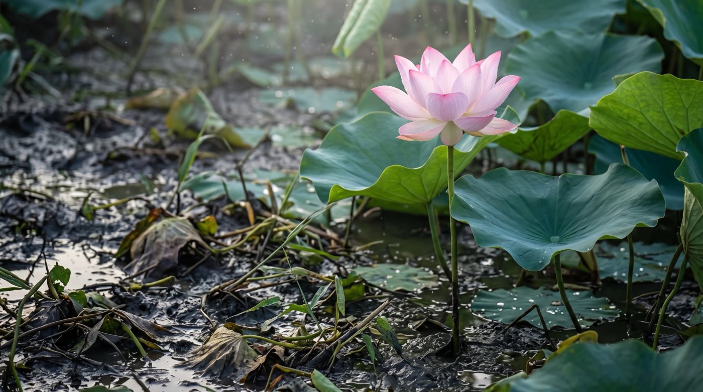 泥の中から一輪だけ咲く、淡い桃色の蓮の花