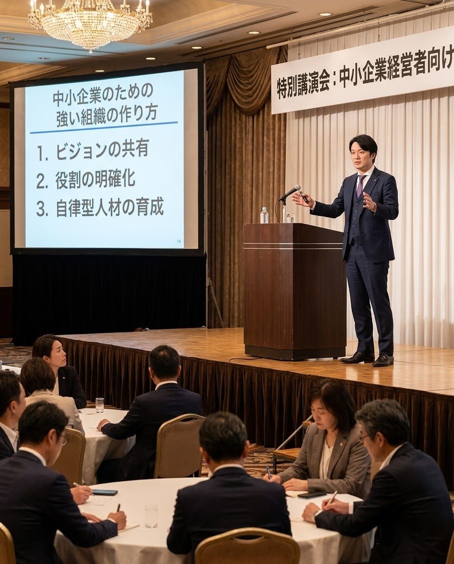 ホールの講演会でスライドの前に立つ種田成昭