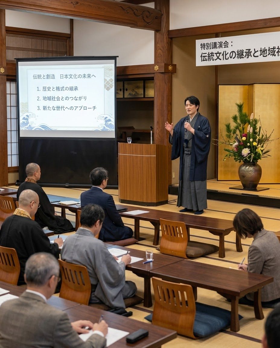 寺の広間で、袴姿で話す種田成昭