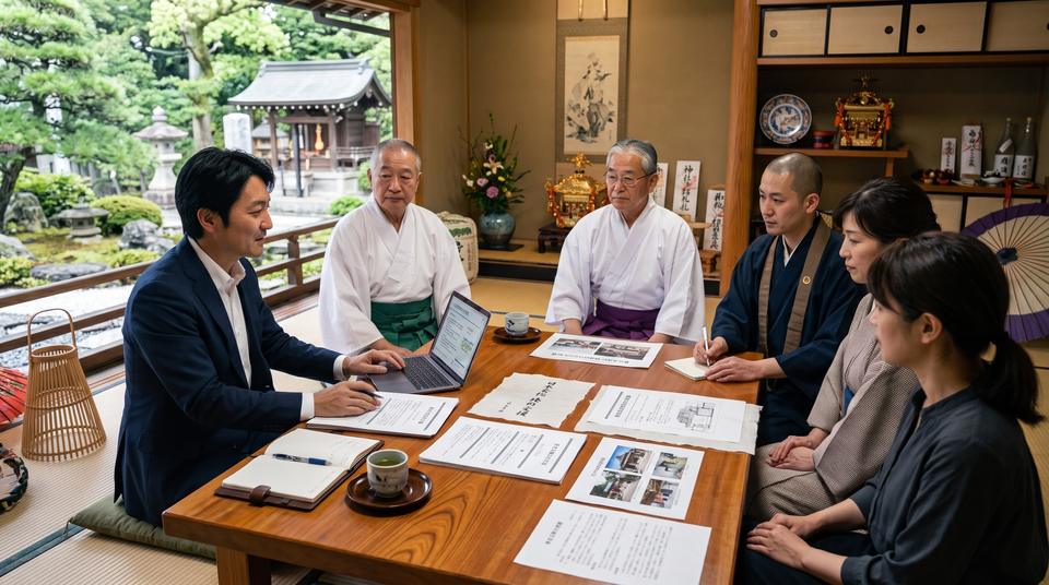 寺社の和室で、神職や僧侶の方々と経営者が話し合う様子