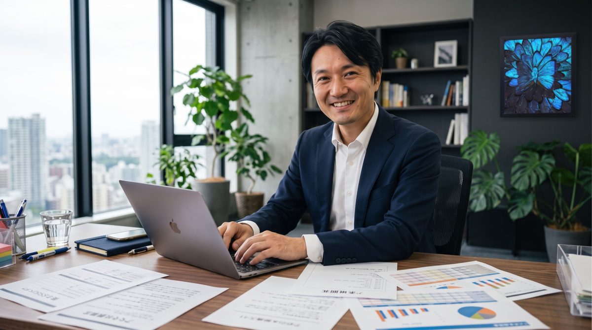 机に向かい、笑顔で相談に応じる種田成昭