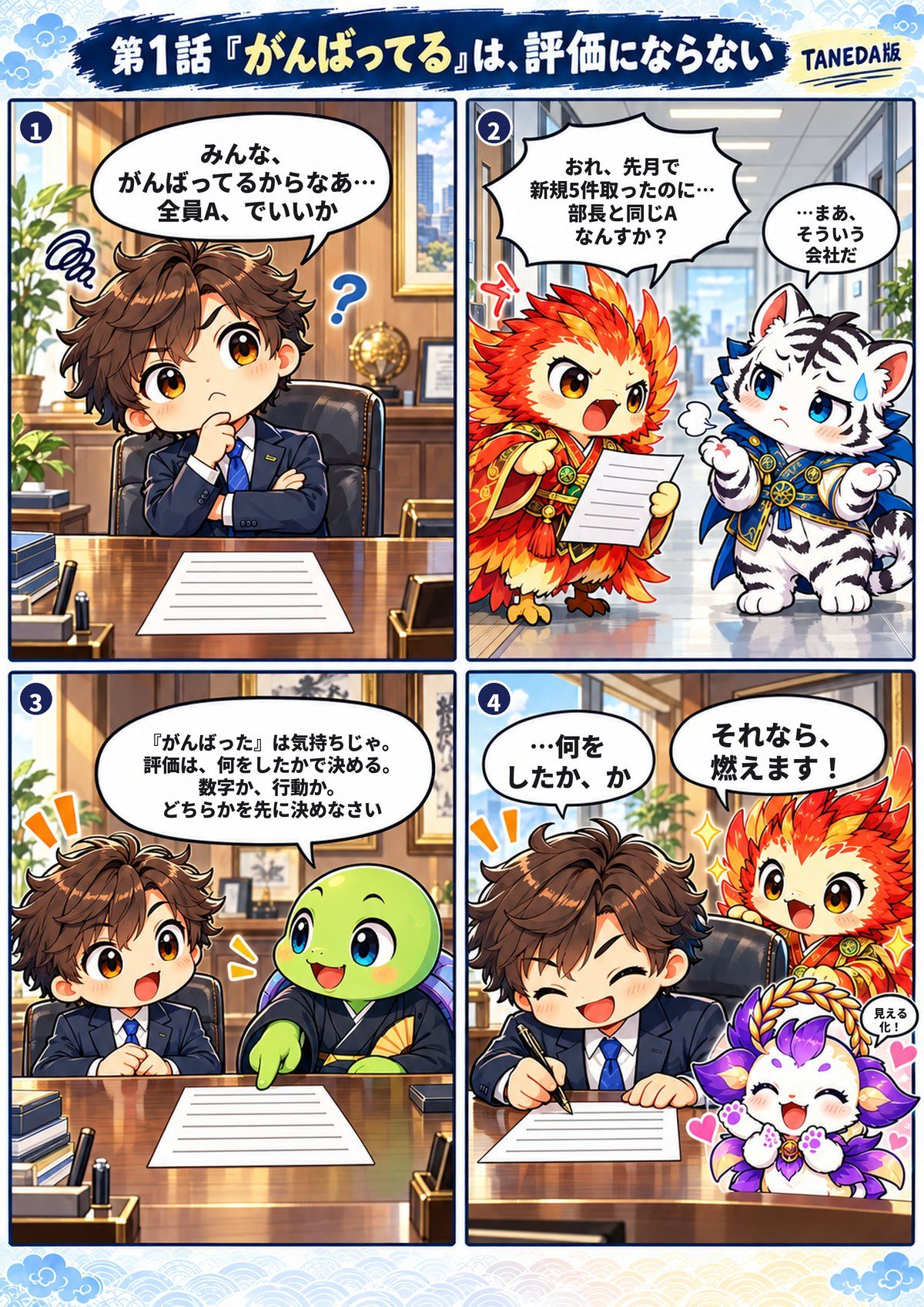 4コマ漫画 第1話「がんばってる」は、評価にならない。全員A評価にしようとするツグルに、成果を出した朱雀くんが不満を言い、万年先生が「評価は何をしたかで決める」と助言。ツグルは評価表に2行を書き足す。