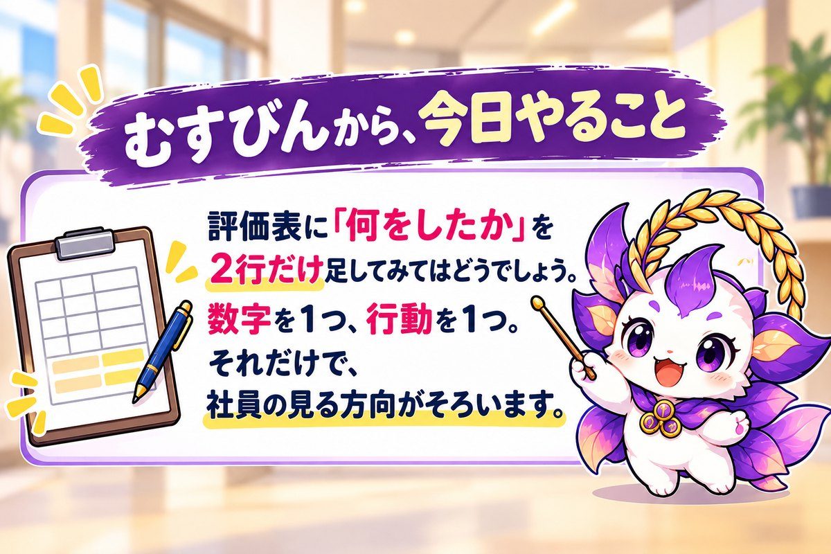 むすびんから、今日やること。評価表に「何をしたか」を2行だけ足してみてはどうでしょう。数字を1つ、行動を1つ。それだけで、社員の見る方向がそろいます。