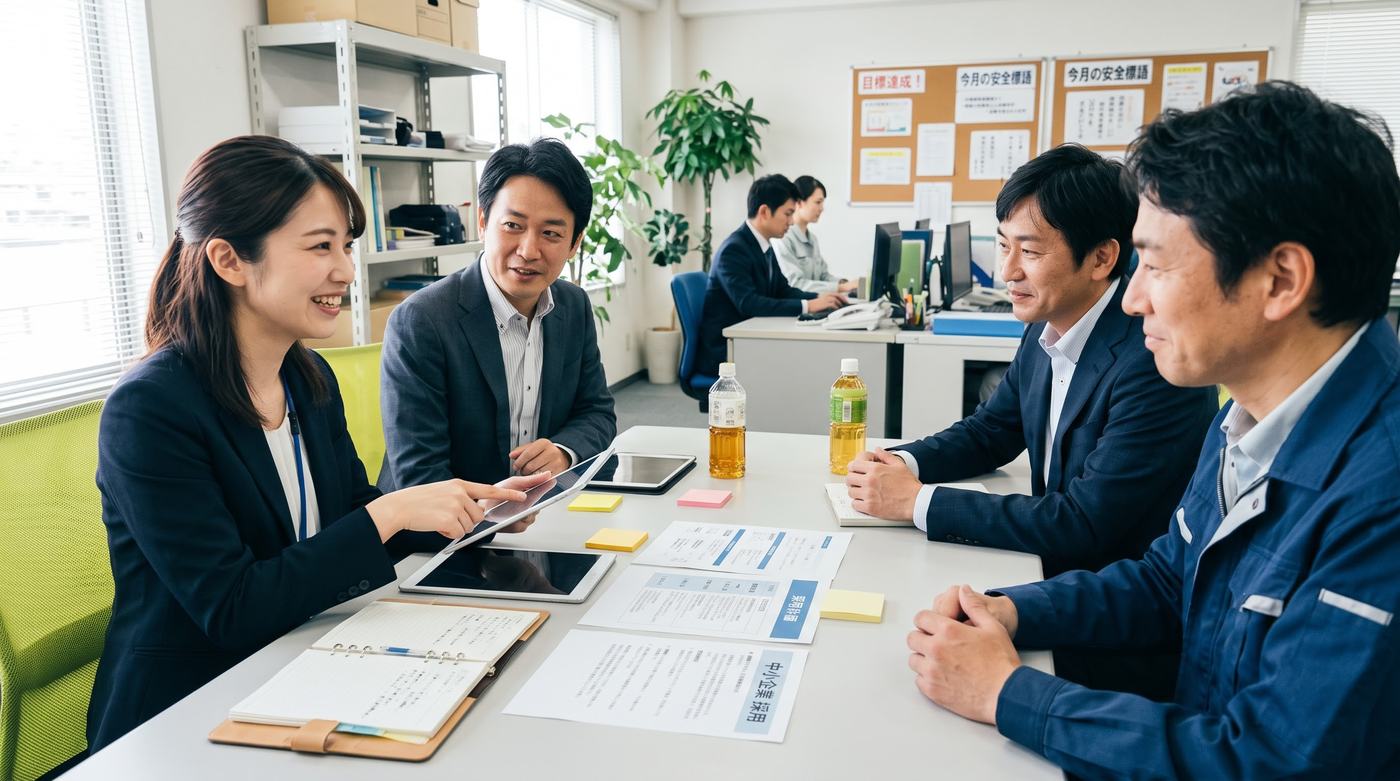 会社の打ち合わせの席で、社員の方々と人事制度について話し合う様子(イメージ)