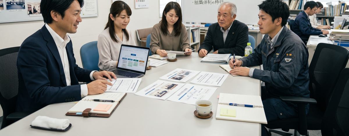会社の事務所で、先代の社長や社員と事業承継の進め方を話し合う様子(イメージ)
