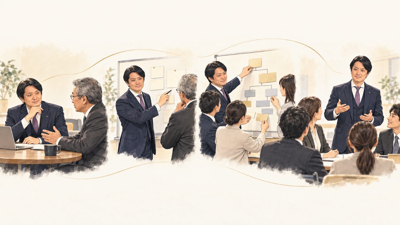 外部のパートナーとして会社に入り、社長との対話から仕組みづくり、研修までを担うイメージ