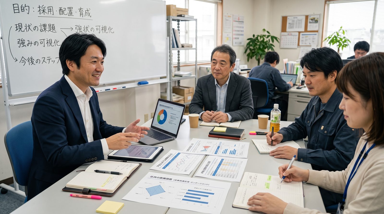 ホワイトボードに採用・配置・育成の目的を書き、社員の方々と話し合う様子(イメージ)