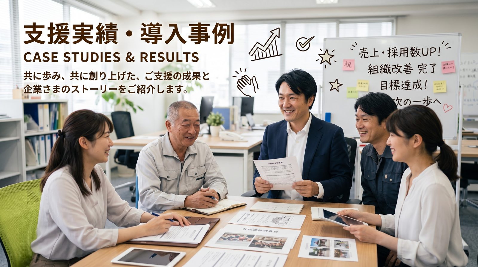 「支援実績・導入事例」の文字と、会議で話し合う社員の方々(イメージ)