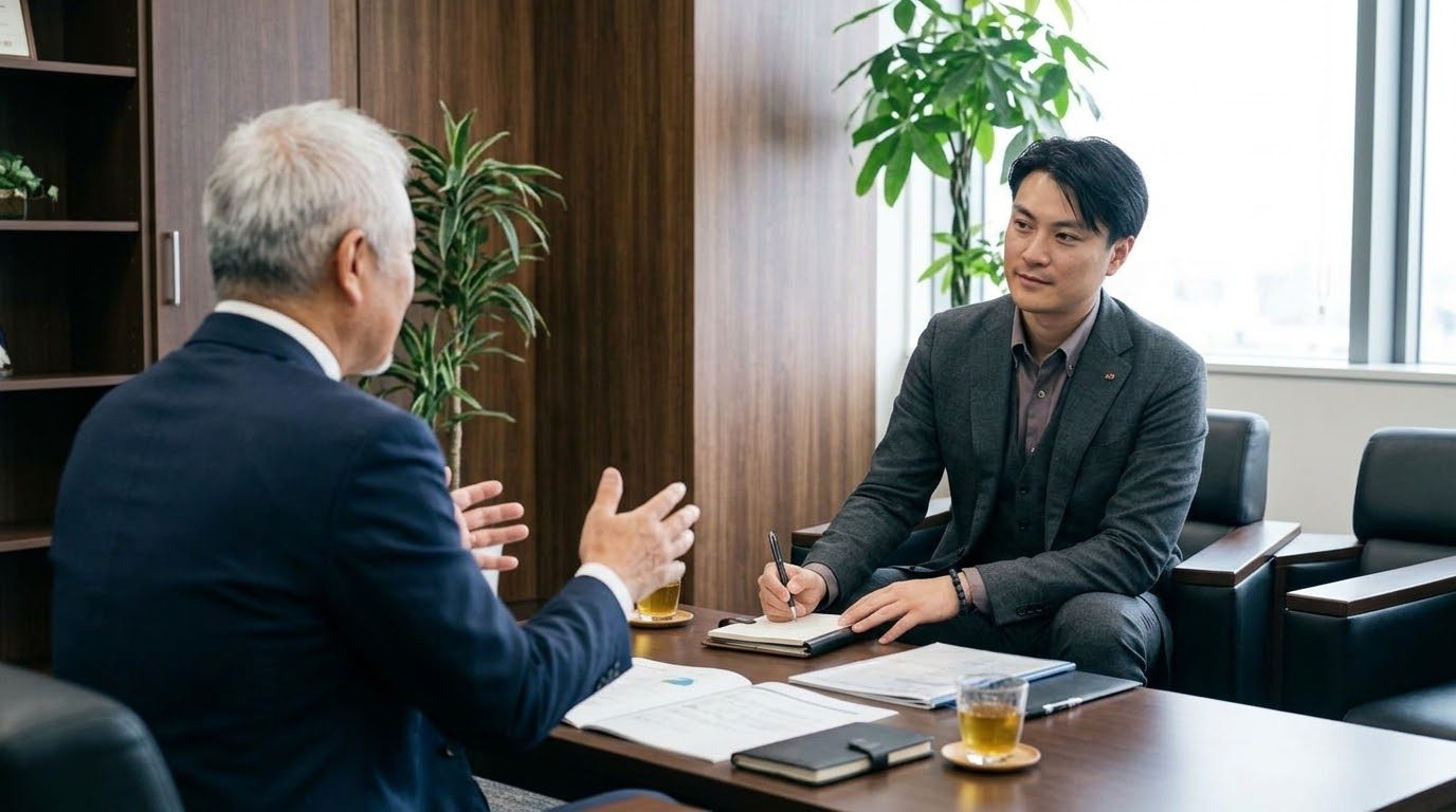 応接室で、年配の社長と話し合う様子(イメージ)