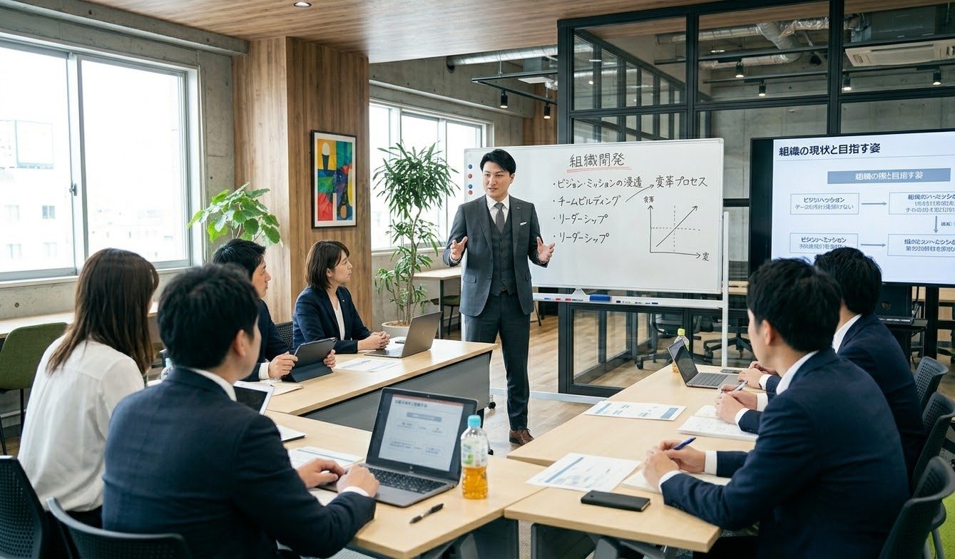 会議室で、社員の方々と組織の課題を話し合う様子(イメージ)