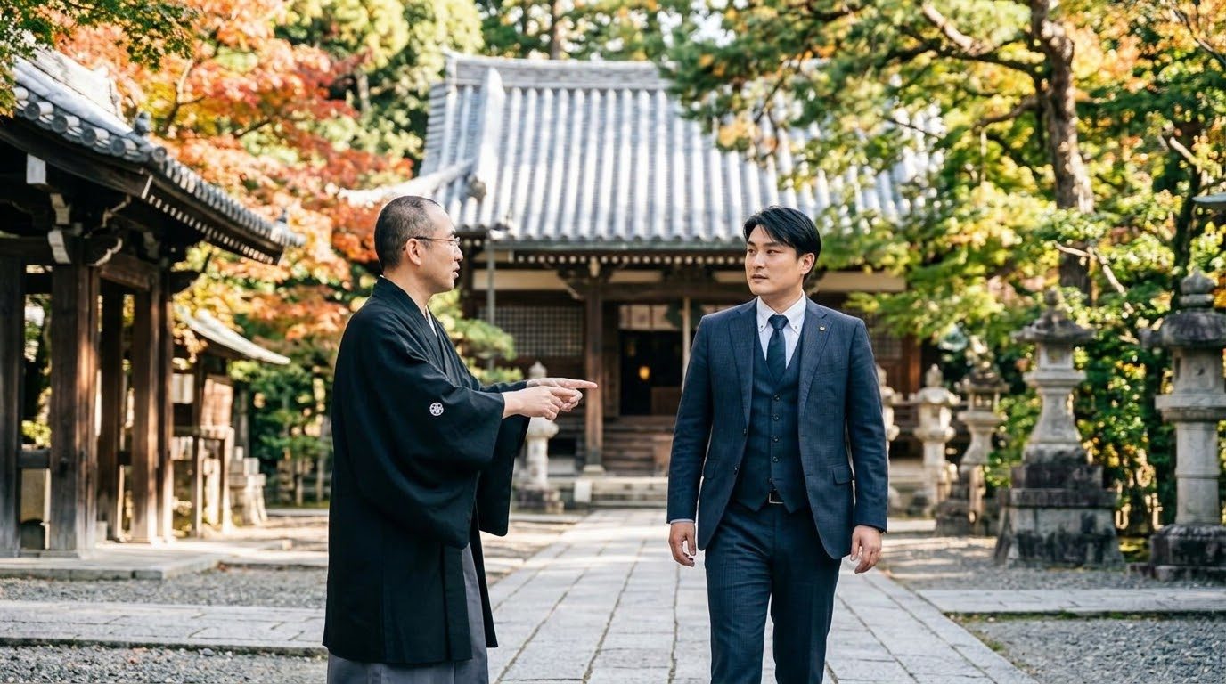寺院の境内で、僧侶と話す(イメージ)