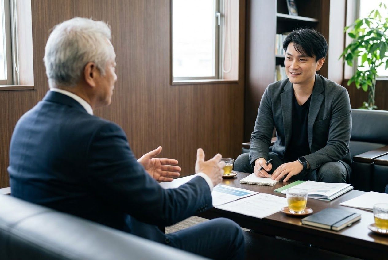 先代の社長と向き合い、代替わりの進め方を話し合う様子(イメージ)
